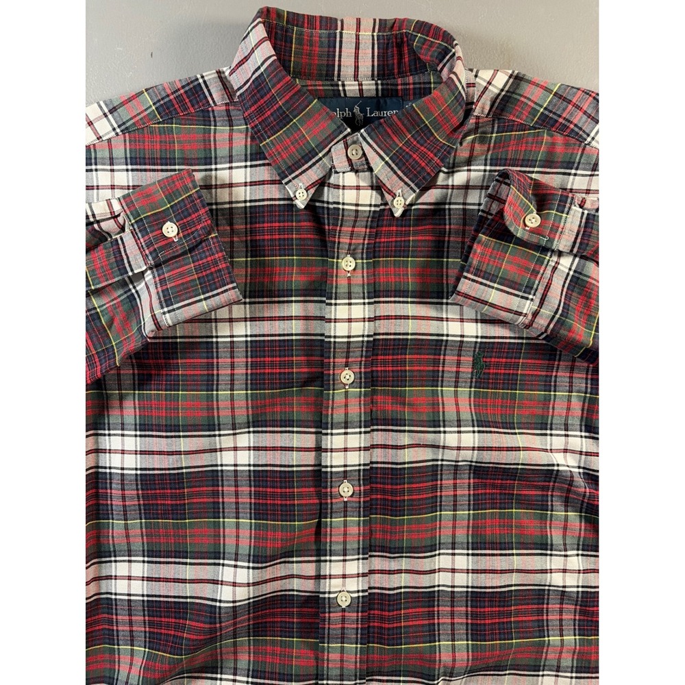Ralph Lauren Button Down Shirt Mens Medium Red Green Plaid Classic Fit Long Slee
